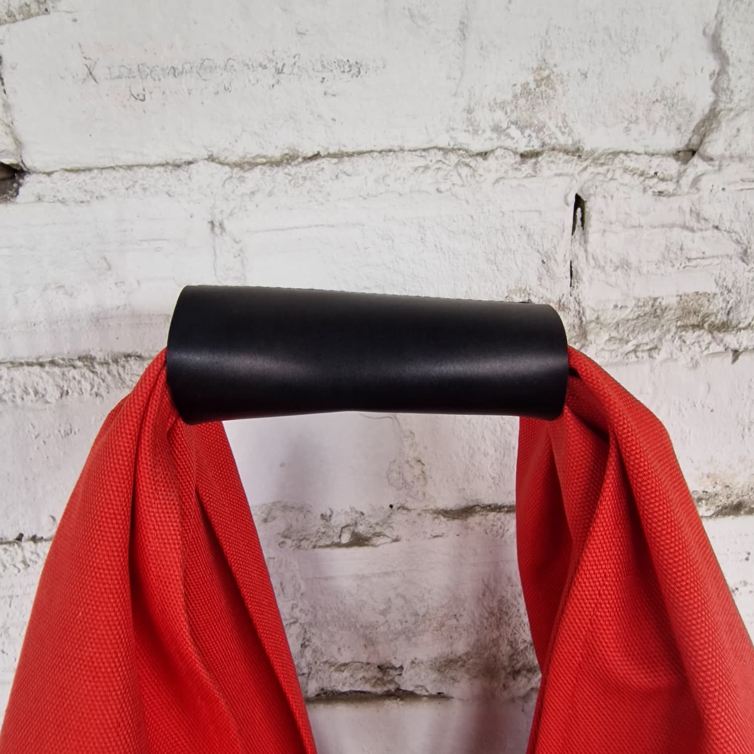 Black detachable handle on red cotton hobo bag, minimalist handmade design