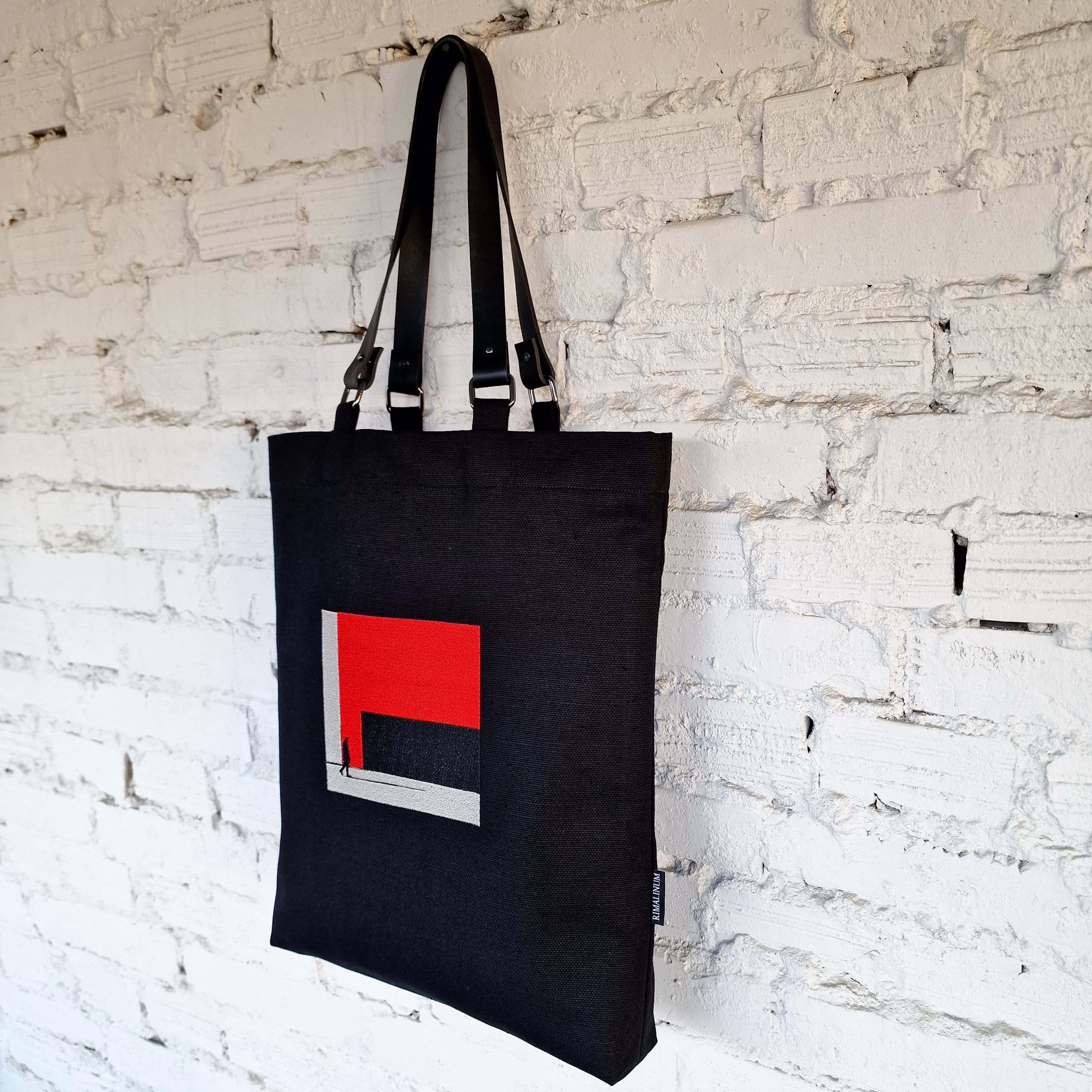 Black Tote Bag with Red Embroidery - The Path Finder, and leather handles - RIMALINUM