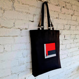 Black Tote Bag with Red Embroidery - The Path Finder, and leather handles - RIMALINUM