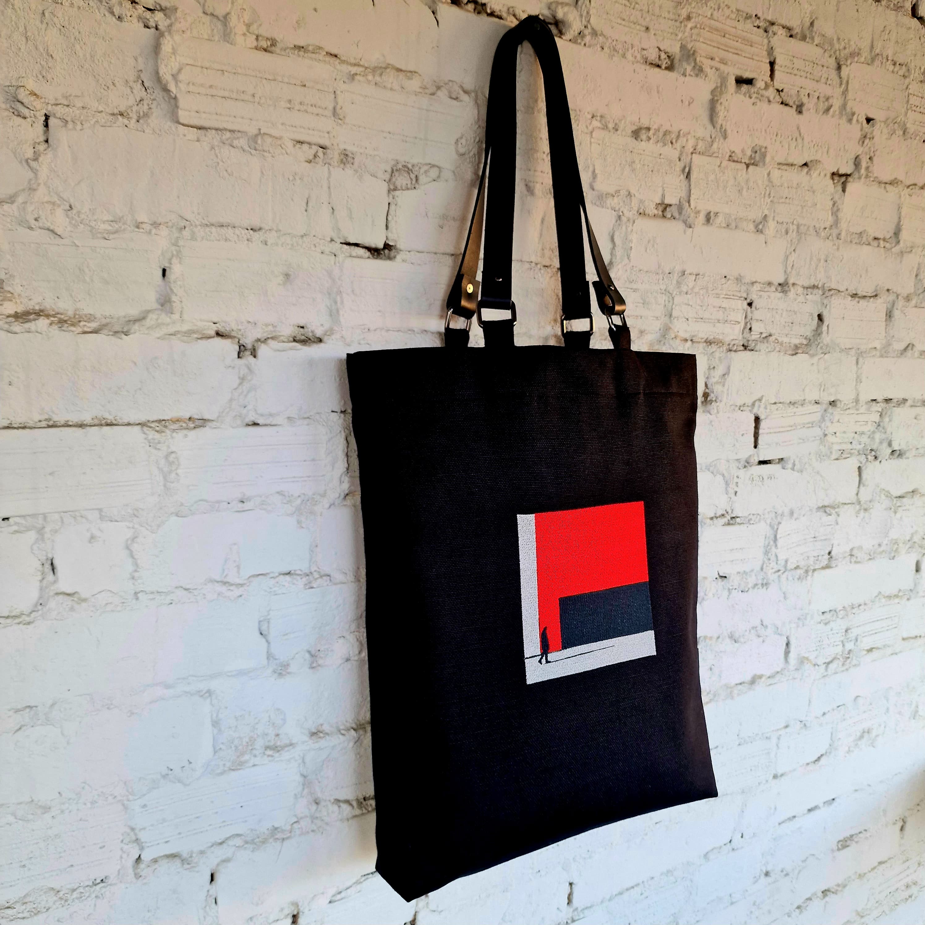 Black Tote Bag with Red Embroidery - The Path Finder, and leather handles - RIMALINUM