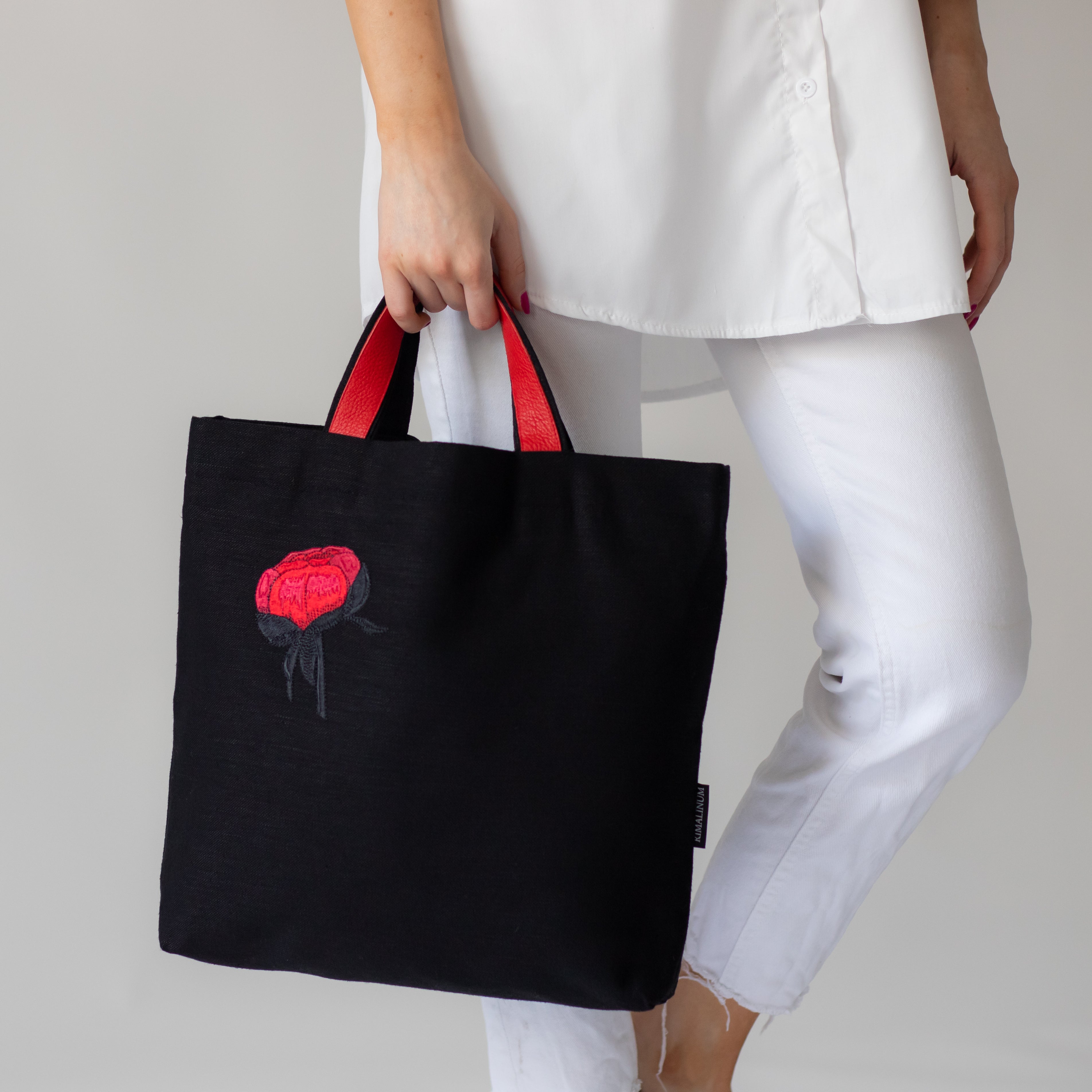 Handmade Black Linen - Cotton Blend Canvas Bag with Red Peony Embroidery - RIMALINUM