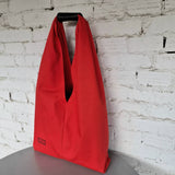 Large red cotton hobo tote bag, foldable minimalist shopper with leather snap detail, handmade eco shoulder bag