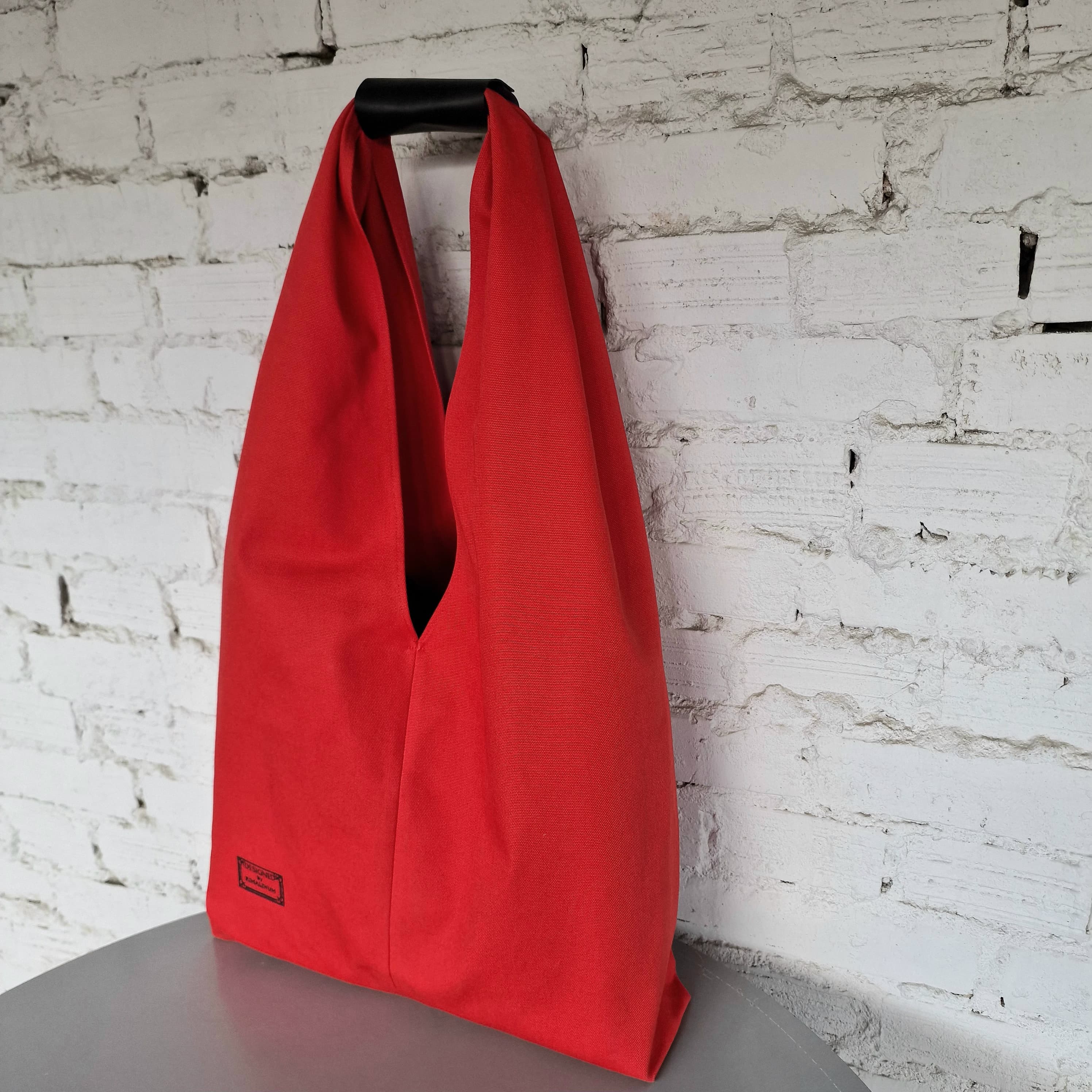 Large red cotton hobo tote bag, foldable minimalist shopper with leather snap detail, handmade eco shoulder bag
