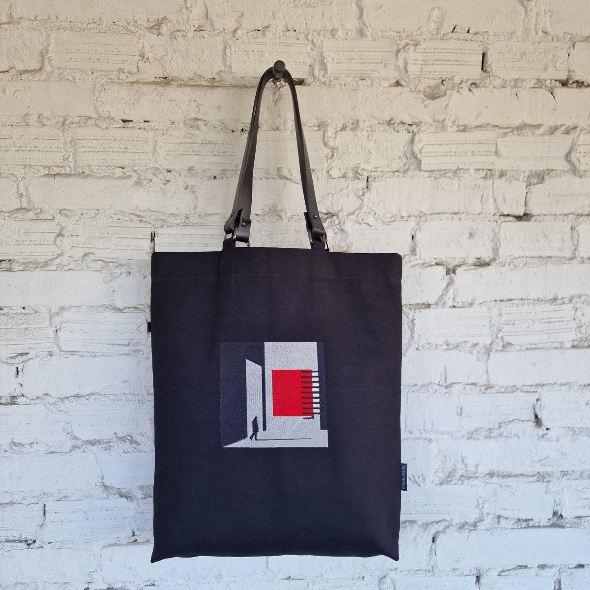 Black Canvas Bag with Gray and Red Geometric Embroidery - The Path Finder - RIMALINUM
