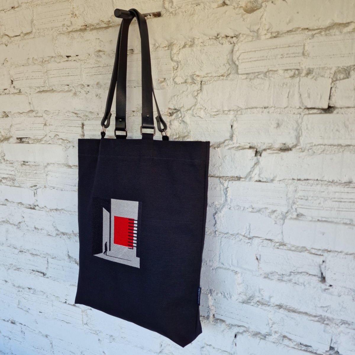 Black Canvas Bag with Gray and Red Geometric Embroidery - The Path Finder - RIMALINUM
