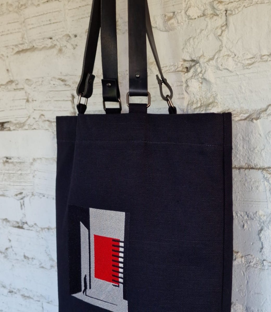 Black Canvas Bag with Gray and Red Geometric Embroidery - The Path Finder - RIMALINUM