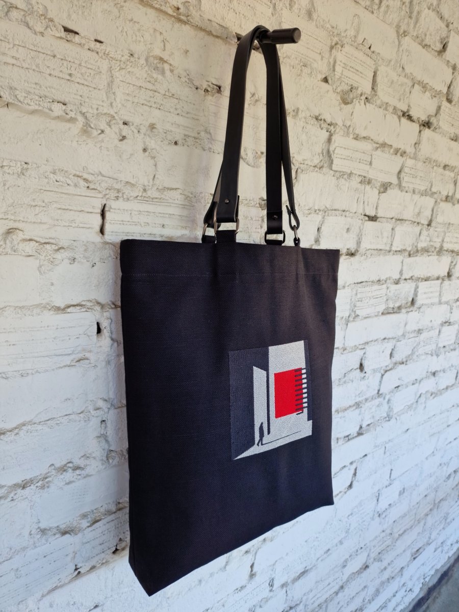 Black Canvas Bag with Gray and Red Geometric Embroidery - The Path Finder - RIMALINUM