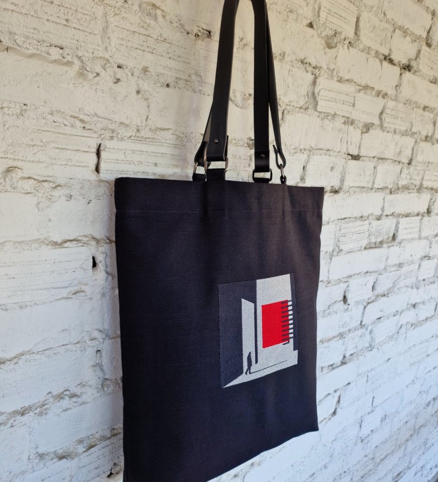 Black Canvas Bag with Gray and Red Geometric Embroidery - The Path Finder - RIMALINUM