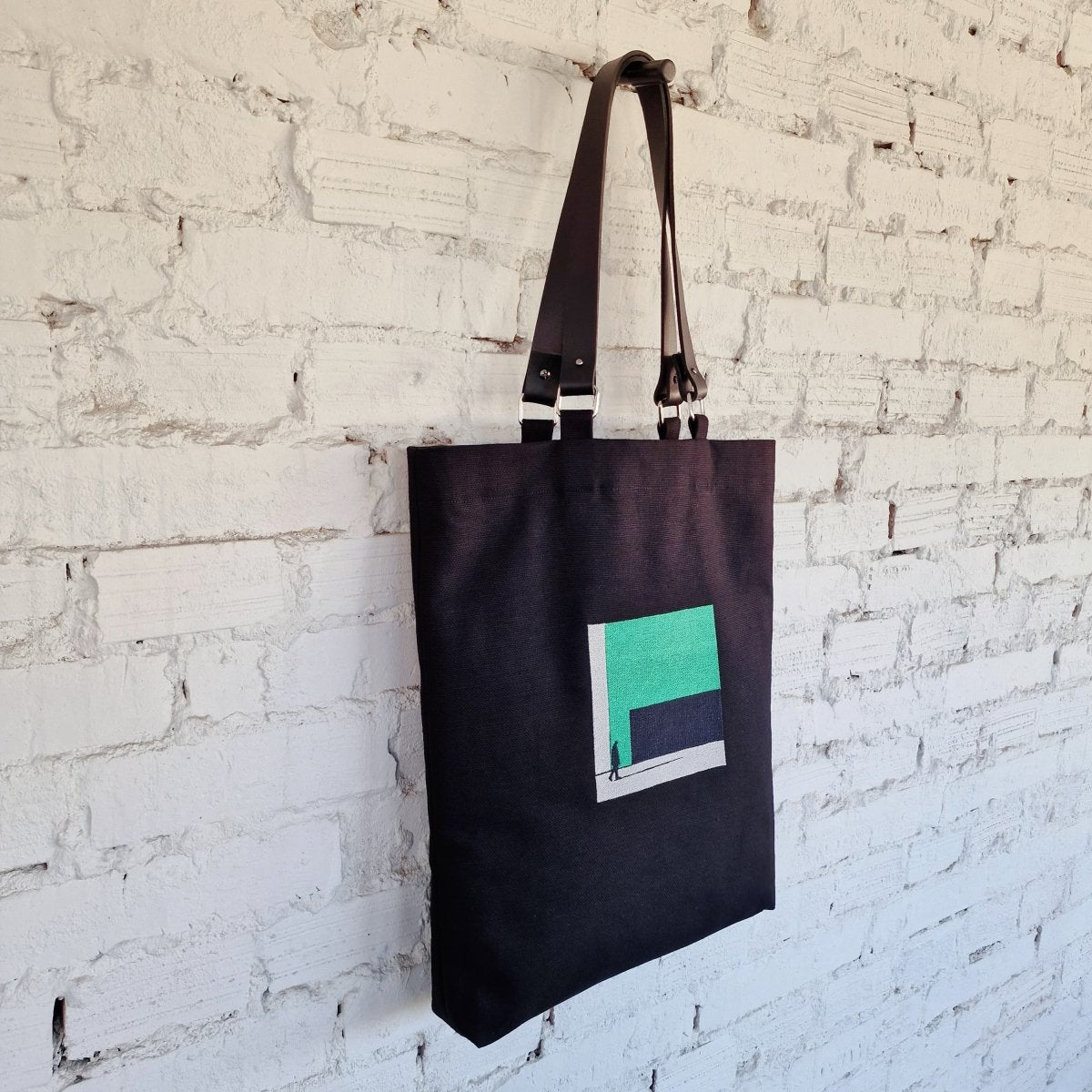 Black Linen and Cotton Canvas Shoulder Bag with Leather Handles - RIMALINUM