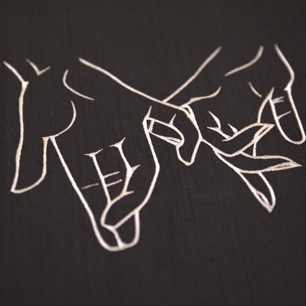 Black Linen Tote Bag with Couple Holding Hands Embroidery - RIMALINUM