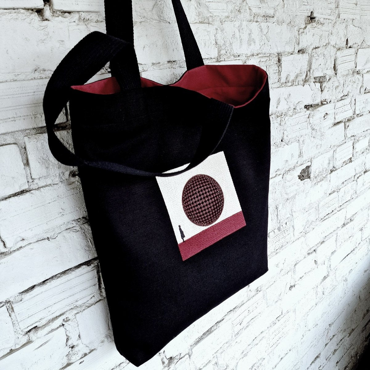 Black Tote Bag with Burgundy 3D Embroidery - Sustainable Linen - Cotton Blend - RIMALINUM