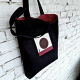 Black Tote Bag with Burgundy 3D Embroidery - Sustainable Linen - Cotton Blend - RIMALINUM