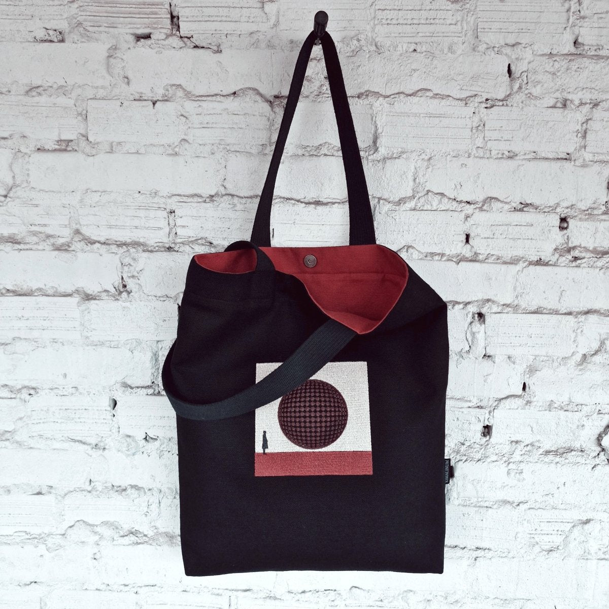 Black Tote Bag with Burgundy 3D Embroidery - Sustainable Linen - Cotton Blend - RIMALINUM