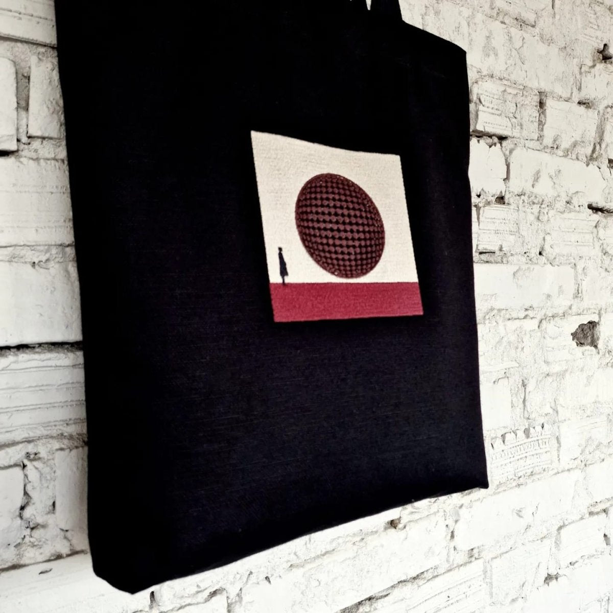 Black Tote Bag with Burgundy 3D Embroidery - Sustainable Linen - Cotton Blend - RIMALINUM