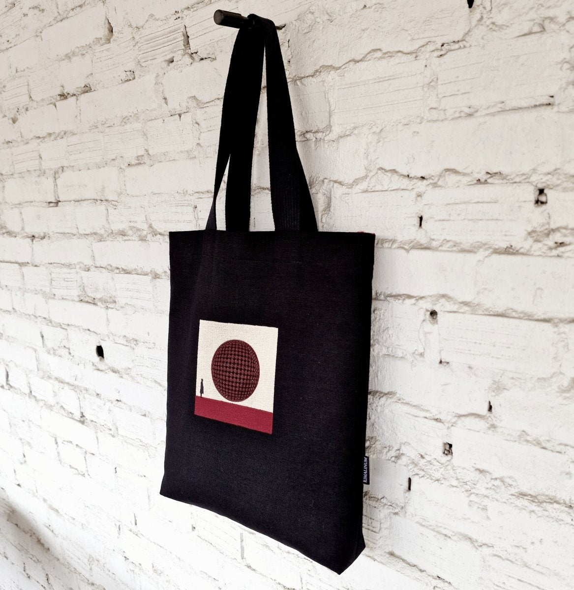 Black Tote Bag with Burgundy 3D Embroidery - Sustainable Linen - Cotton Blend - RIMALINUM