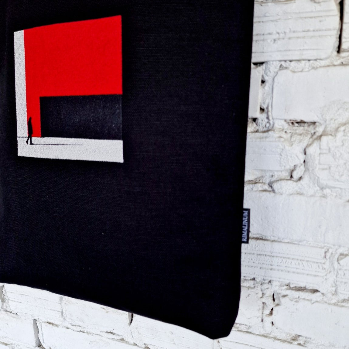 Black Tote Bag with Red Embroidery - The Path Finder, and leather handles - RIMALINUM