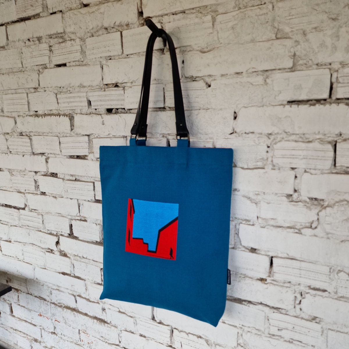 Blue Cotton Canvas Tote Bag with Embroidery and Removable Leather Handles - RIMALINUM