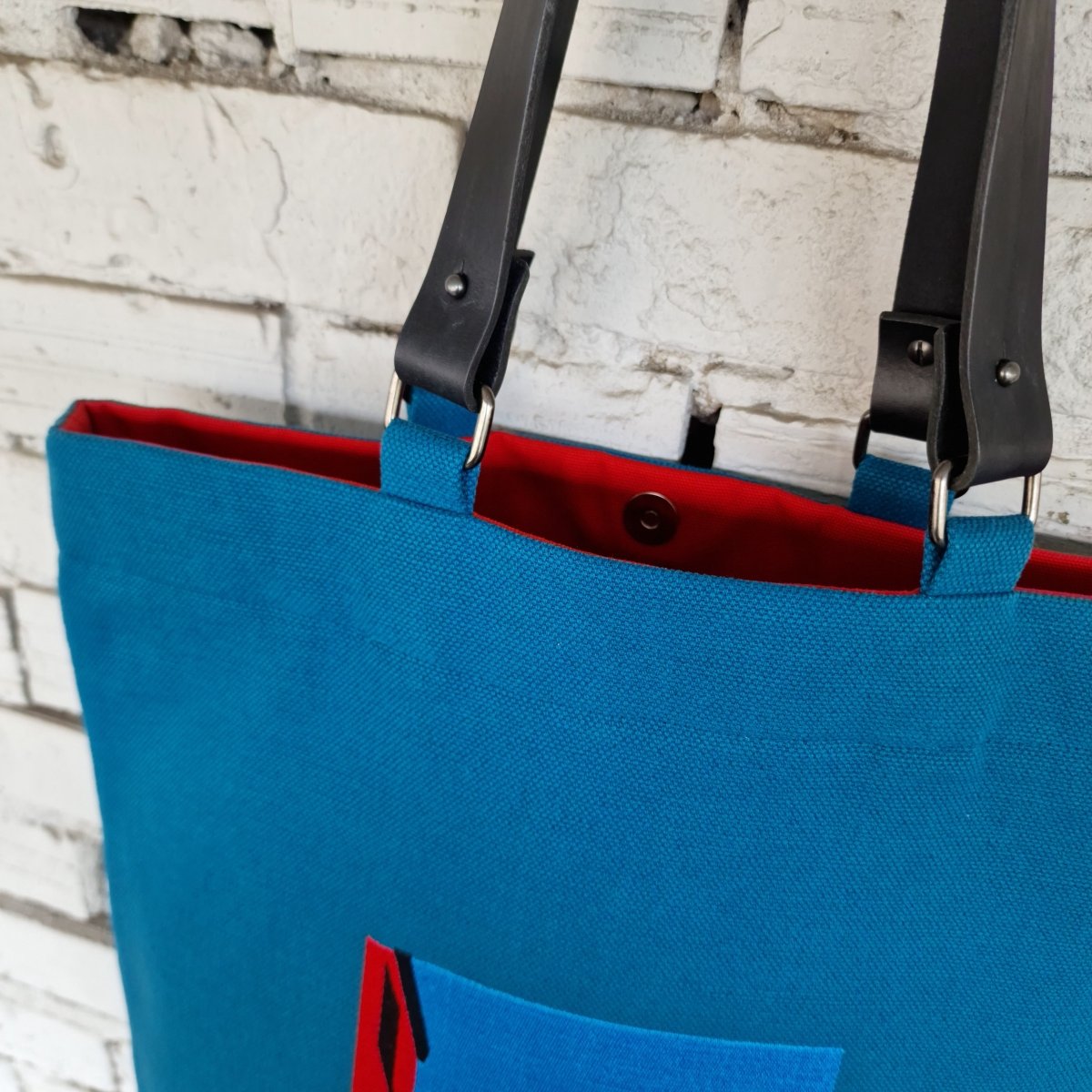 Blue Cotton Canvas Tote Bag with Embroidery and Removable Leather Handles - RIMALINUM