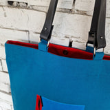 Blue Cotton Canvas Tote Bag with Embroidery and Removable Leather Handles - RIMALINUM