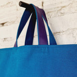 Blue Linen and Cotton Canvas Handbag with Purple Leather Reinforced Handles - RIMALINUM