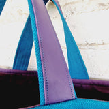 Blue Linen and Cotton Canvas Handbag with Purple Leather Reinforced Handles - RIMALINUM