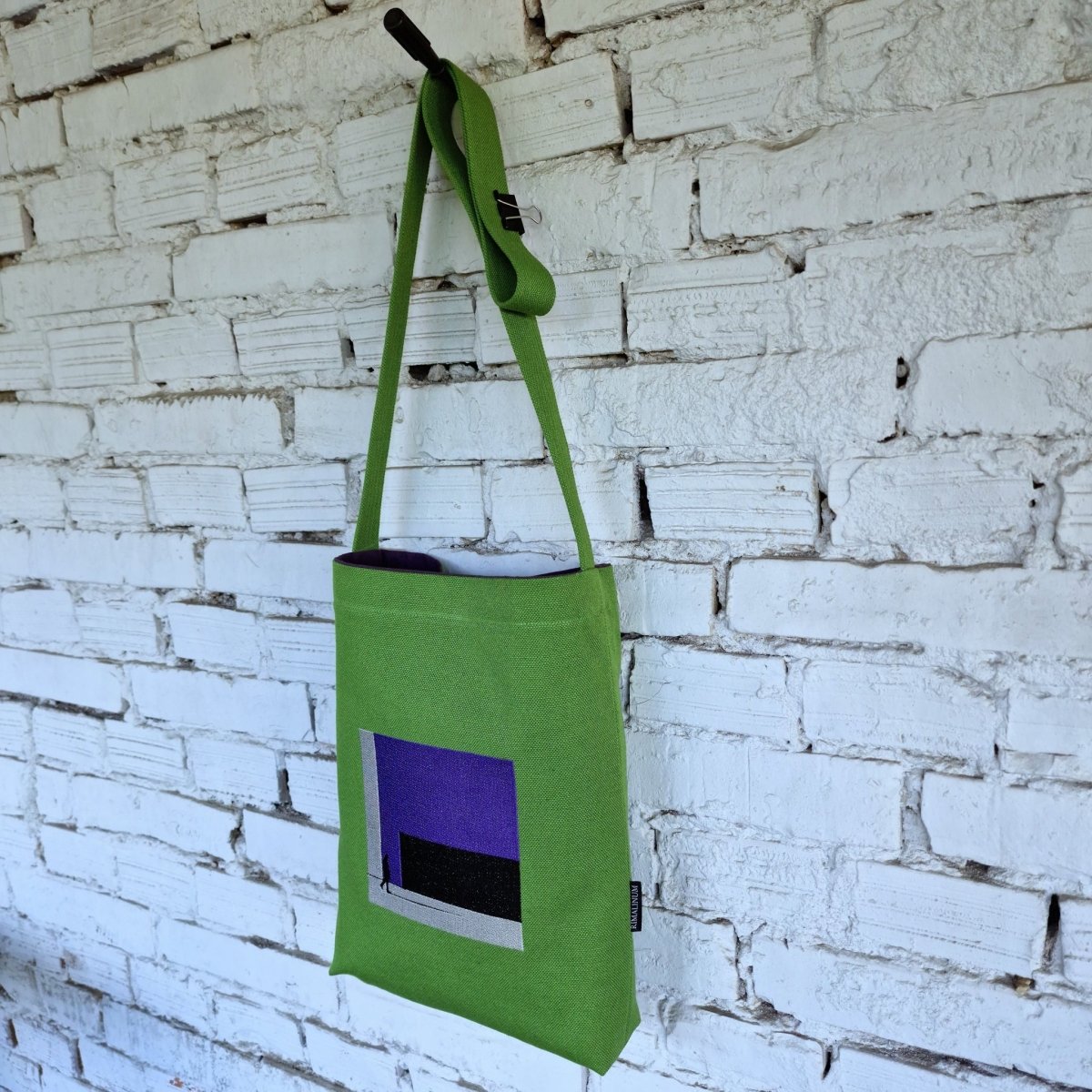 Green Canvas Crossbody Bag with Purple Lining and Urban Embroidery - RIMALINUM