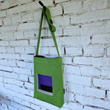 Green Canvas Crossbody Bag with Purple Lining and Urban Embroidery - RIMALINUM