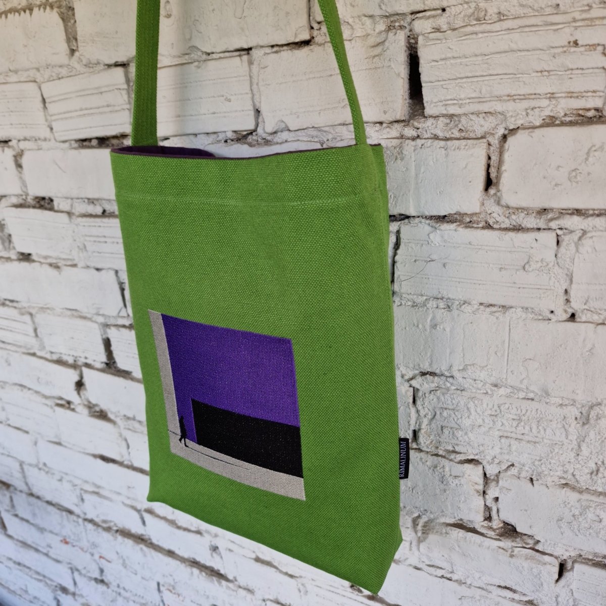 Green Canvas Crossbody Bag with Purple Lining and Urban Embroidery - RIMALINUM