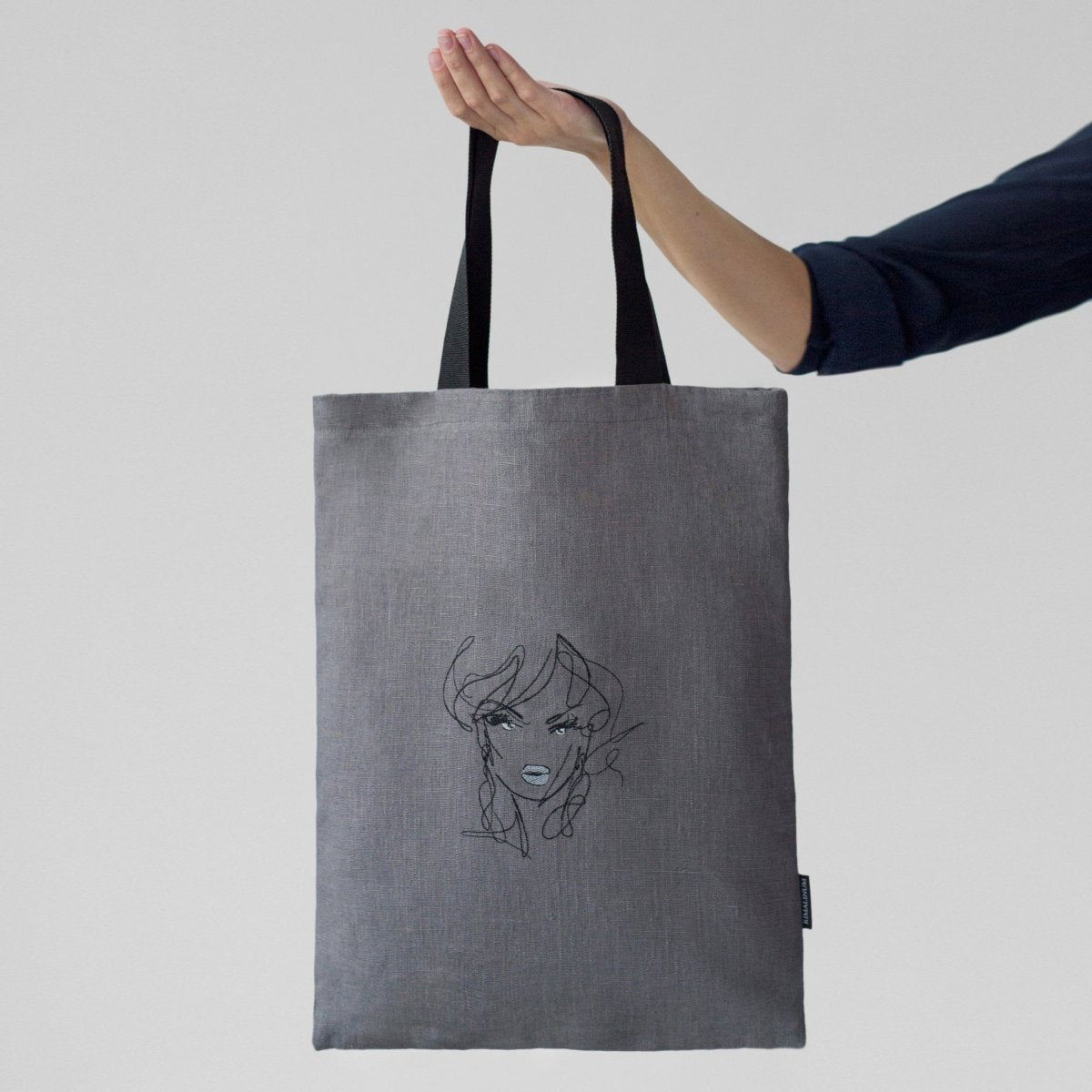 Grey Linen Tote Bag with Girl's Face Embroidery and Inside Slip Pockets - RIMALINUM