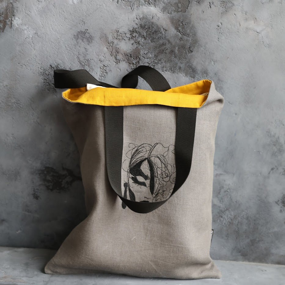 Grey Linen Tote Bag with Young Woman Face Embroidery - Mustard Yellow Lining - RIMALINUM