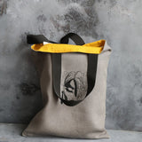 Grey Linen Tote Bag with Young Woman Face Embroidery - Mustard Yellow Lining - RIMALINUM