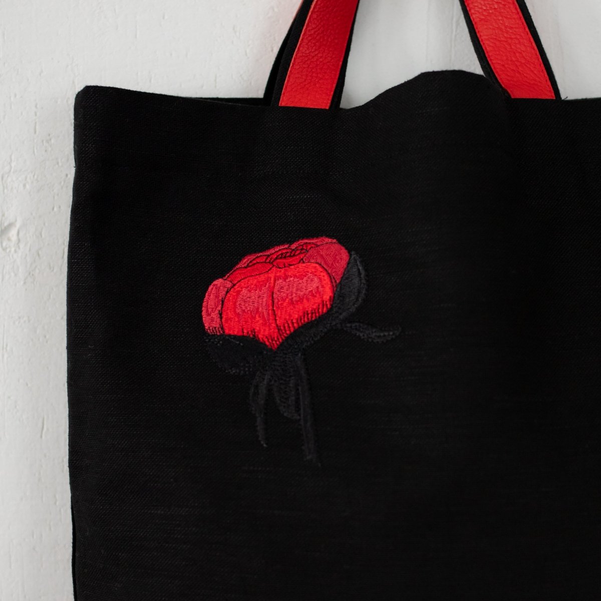Handmade Black Linen - Cotton Blend Canvas Bag with Red Peony Embroidery - RIMALINUM