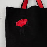 Handmade Black Linen - Cotton Blend Canvas Bag with Red Peony Embroidery - RIMALINUM