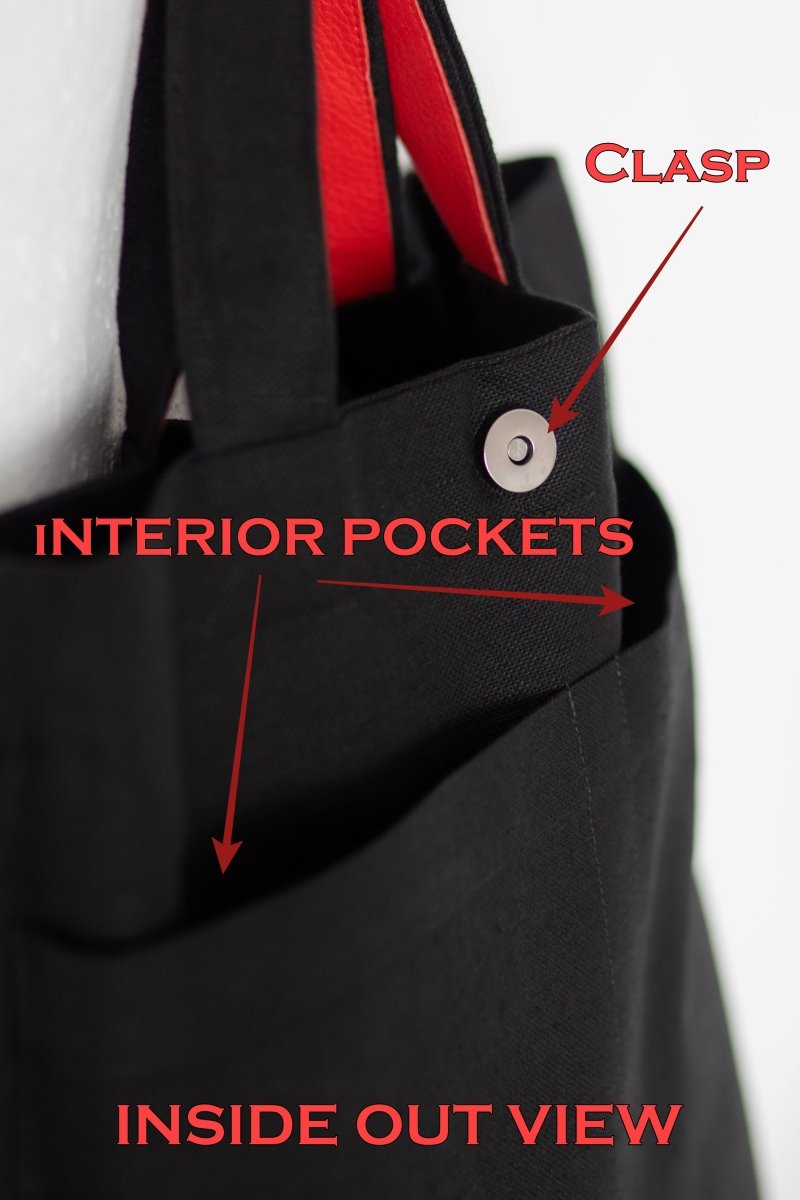 Handmade Black Linen - Cotton Blend Canvas Bag with Red Peony Embroidery - RIMALINUM