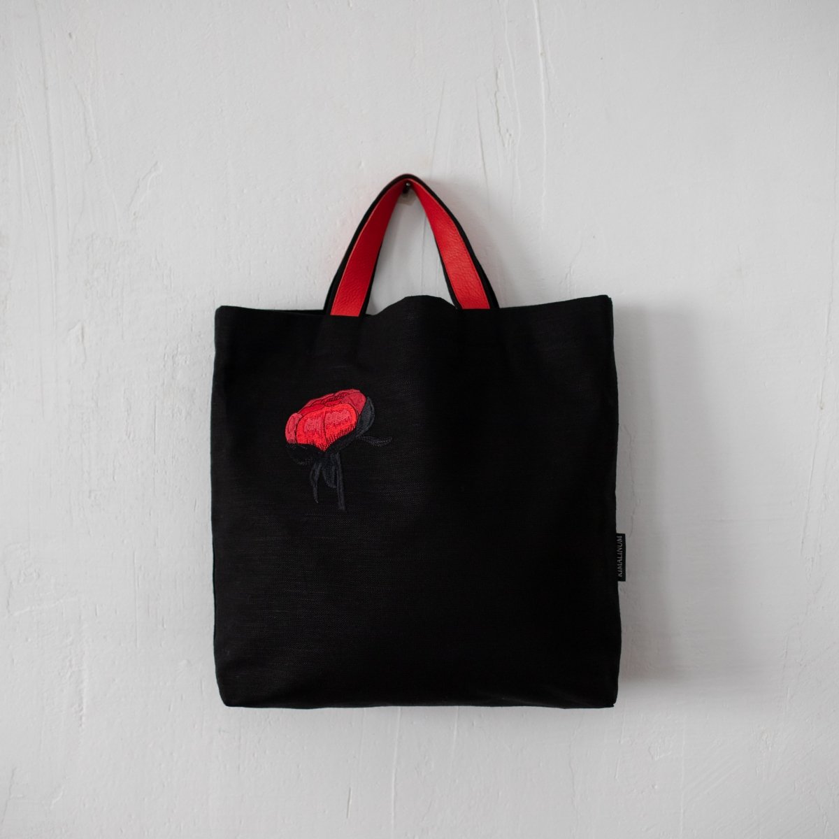 Handmade Black Linen - Cotton Blend Canvas Bag with Red Peony Embroidery - RIMALINUM