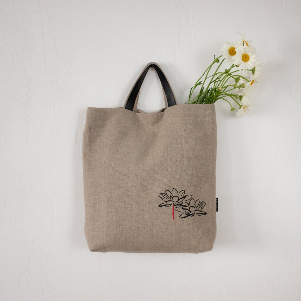 Handmade Natural Linen Bag, Adorned with Embroidered Lotus Flower and Leather Handles - RIMALINUM
