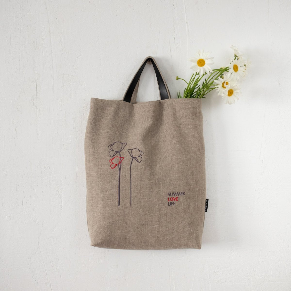 Handmade Natural Linen Bag Adorned with Minimalist Poppy Flowers and SUMMER LOVE LIFE Inscription - RIMALINUM