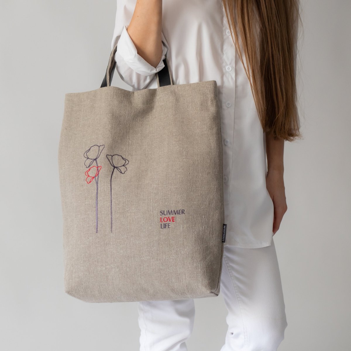 Handmade Natural Linen Bag Adorned with Minimalist Poppy Flowers and SUMMER LOVE LIFE Inscription - RIMALINUM