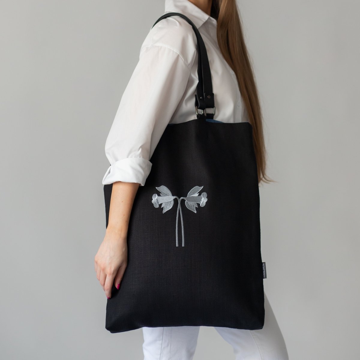Large Black Linen - cotton Canvas Tote Bag with Genuine Leather Handles and Embroidery - RIMALINUM