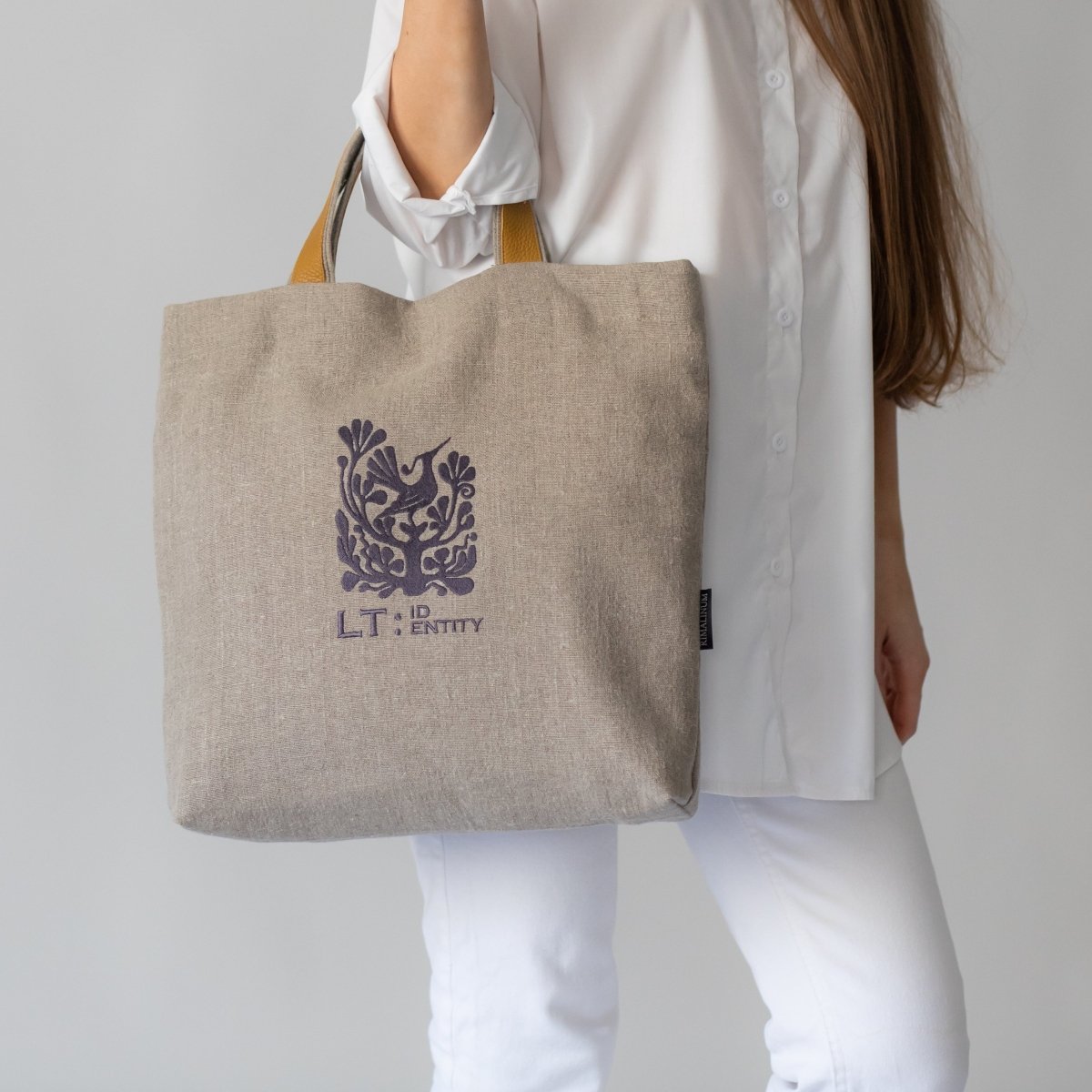 LT IDENTITY Natural Linen Bag with Lithuanian Folk Art Motives and Leather Handles - RIMALINUM