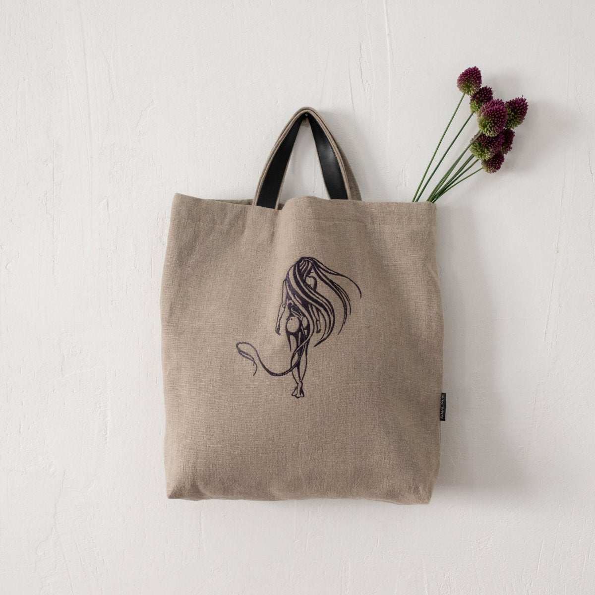 Natural Linen Bag with Girl's Figure with Long Hair Embroidery | Durable, Elegant, Exceptional Gift - RIMALINUM
