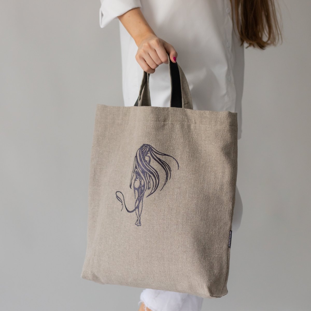 Natural Linen Bag with Girl's Figure with Long Hair Embroidery | Durable, Elegant, Exceptional Gift - RIMALINUM