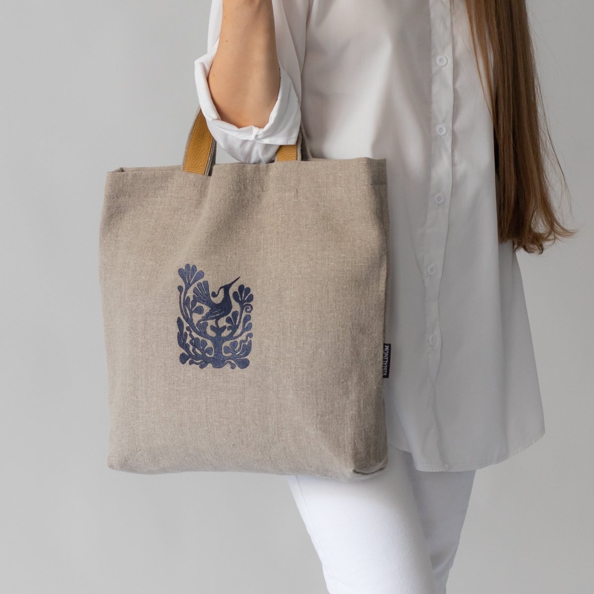 Natural Linen Bag with Lithuanian Folk Art Embroidery and Leather Handles - RIMALINUM