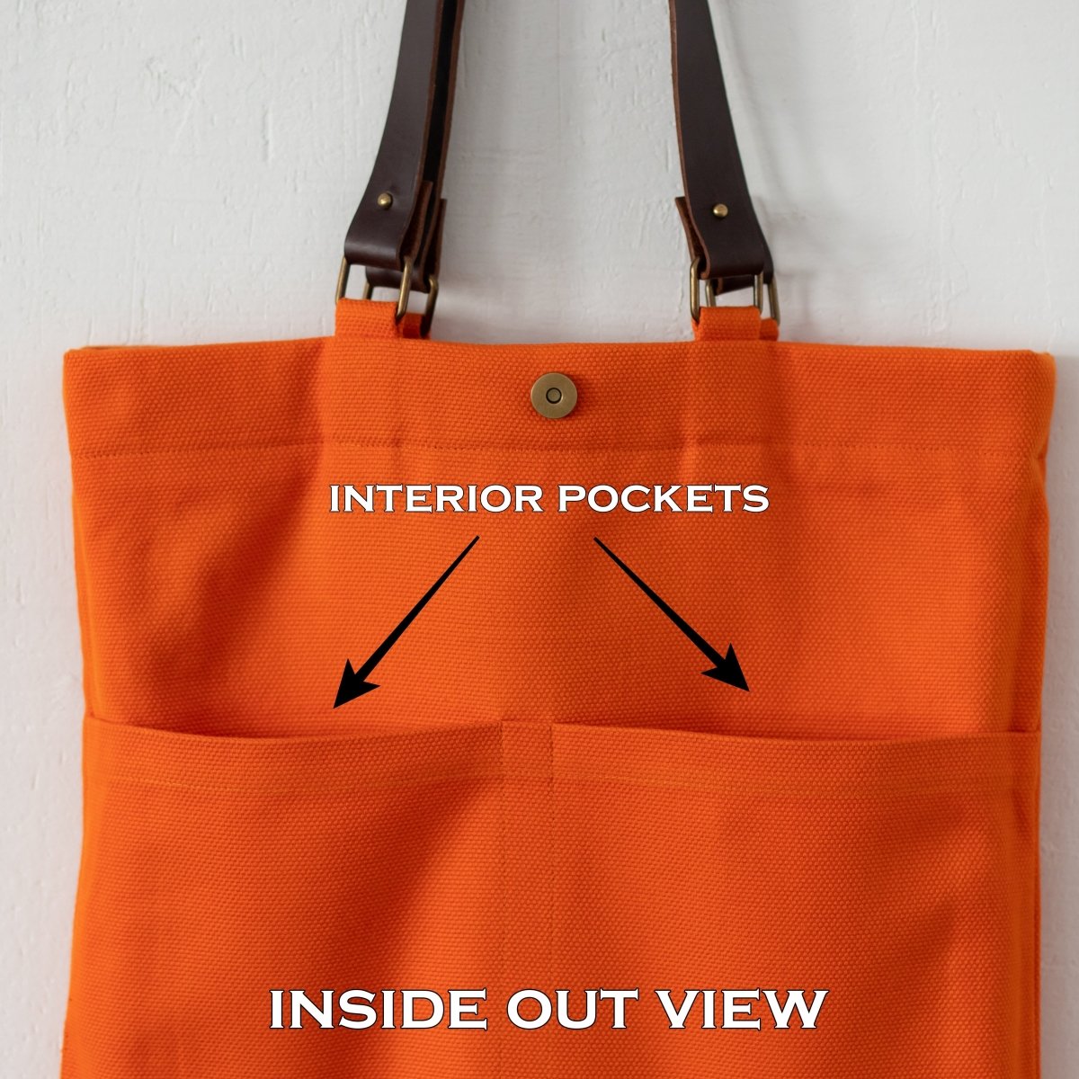 Orange Cotton Canvas Tote Bag with Daffodil Design and Leather Handles - RIMALINUM