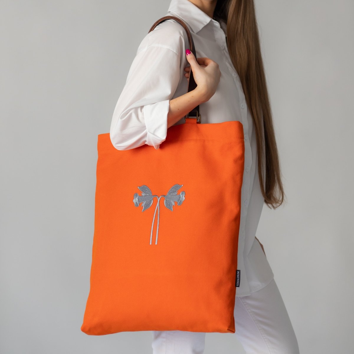 Orange Cotton Canvas Tote Bag with Daffodil Design and Leather Handles - RIMALINUM