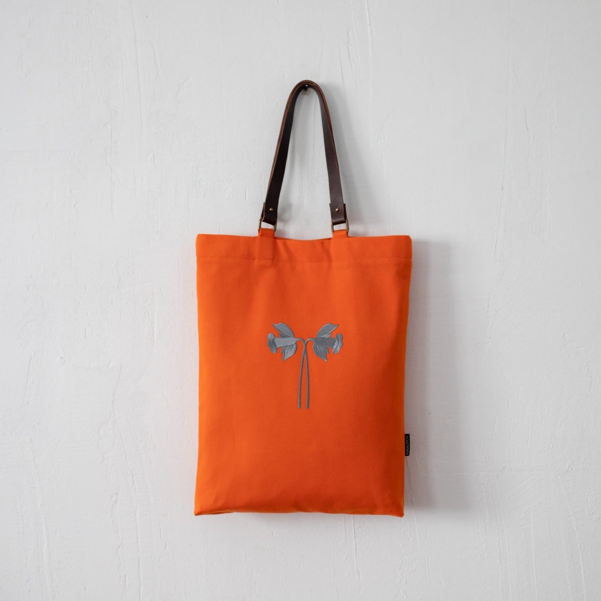 Orange Cotton Canvas Tote Bag with Daffodil Design and Leather Handles - RIMALINUM