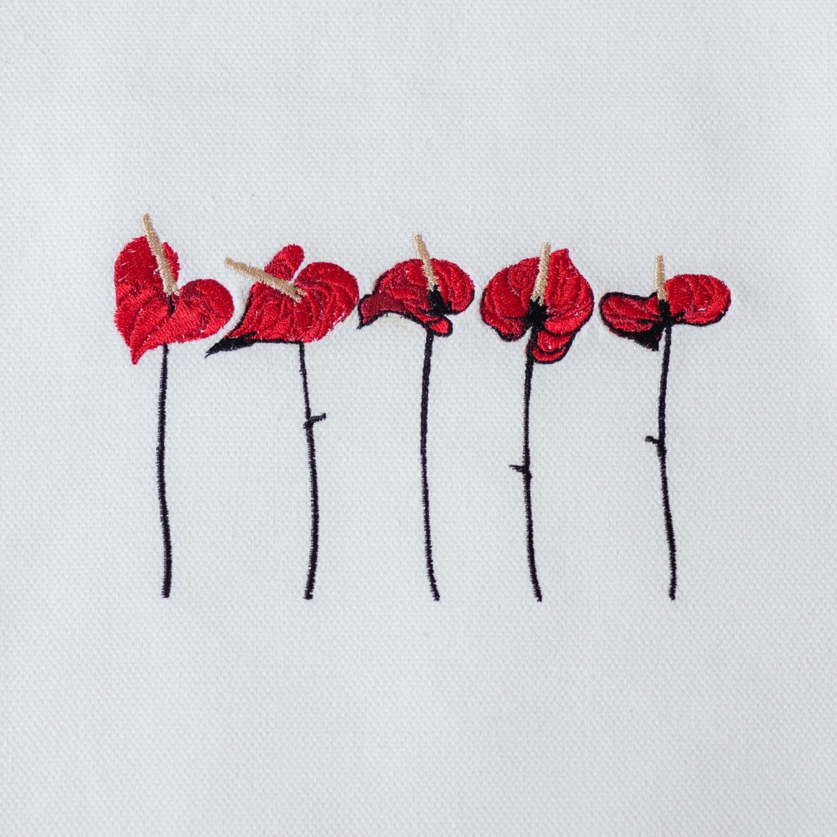 Oversized White Canvas Bag with Anthuriums Ebroidery and Removable Leather Handles - RIMALINUM