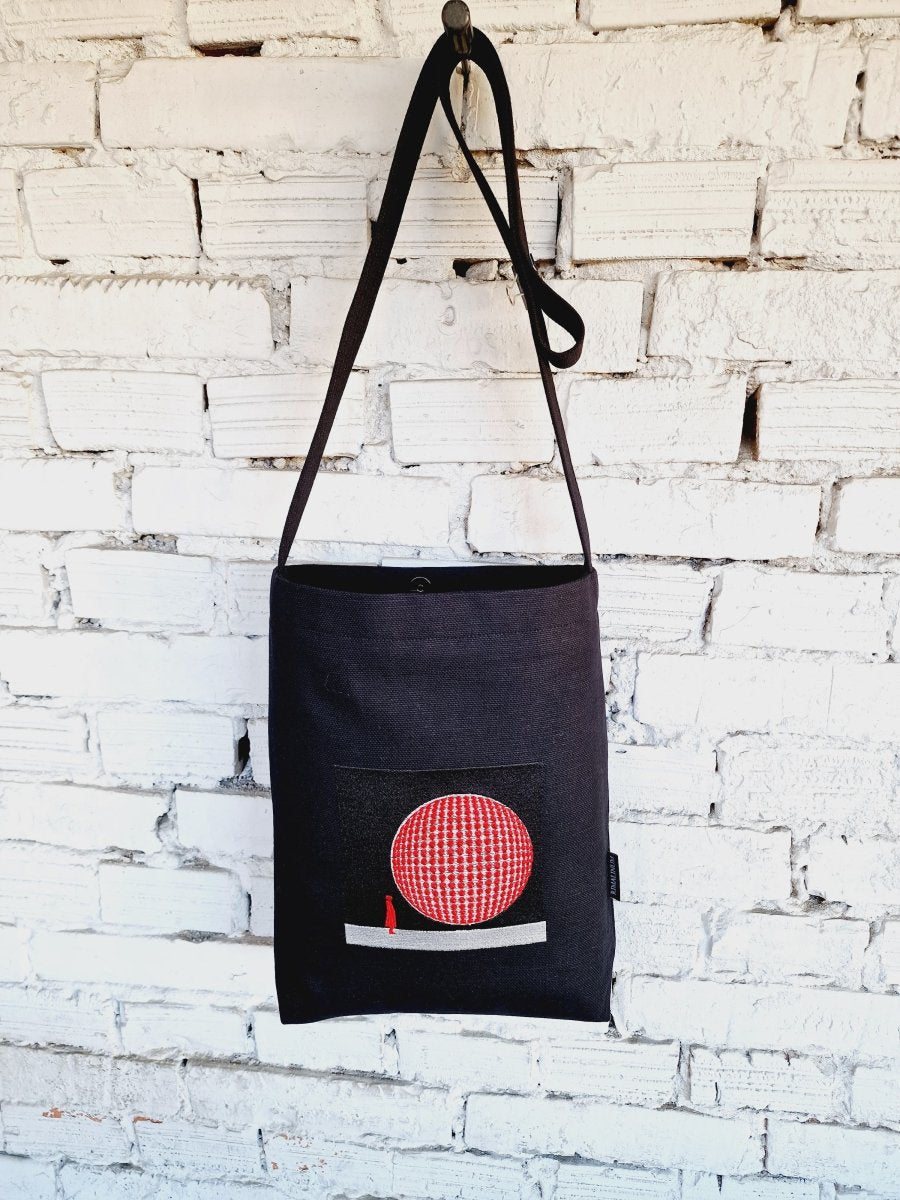 Unisex Black Linen - Cotton Cross Body Bag with 3D Globe Embroidery and Double Lining - RIMALINUM