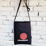 Unisex Black Linen - Cotton Cross Body Bag with 3D Globe Embroidery and Double Lining - RIMALINUM