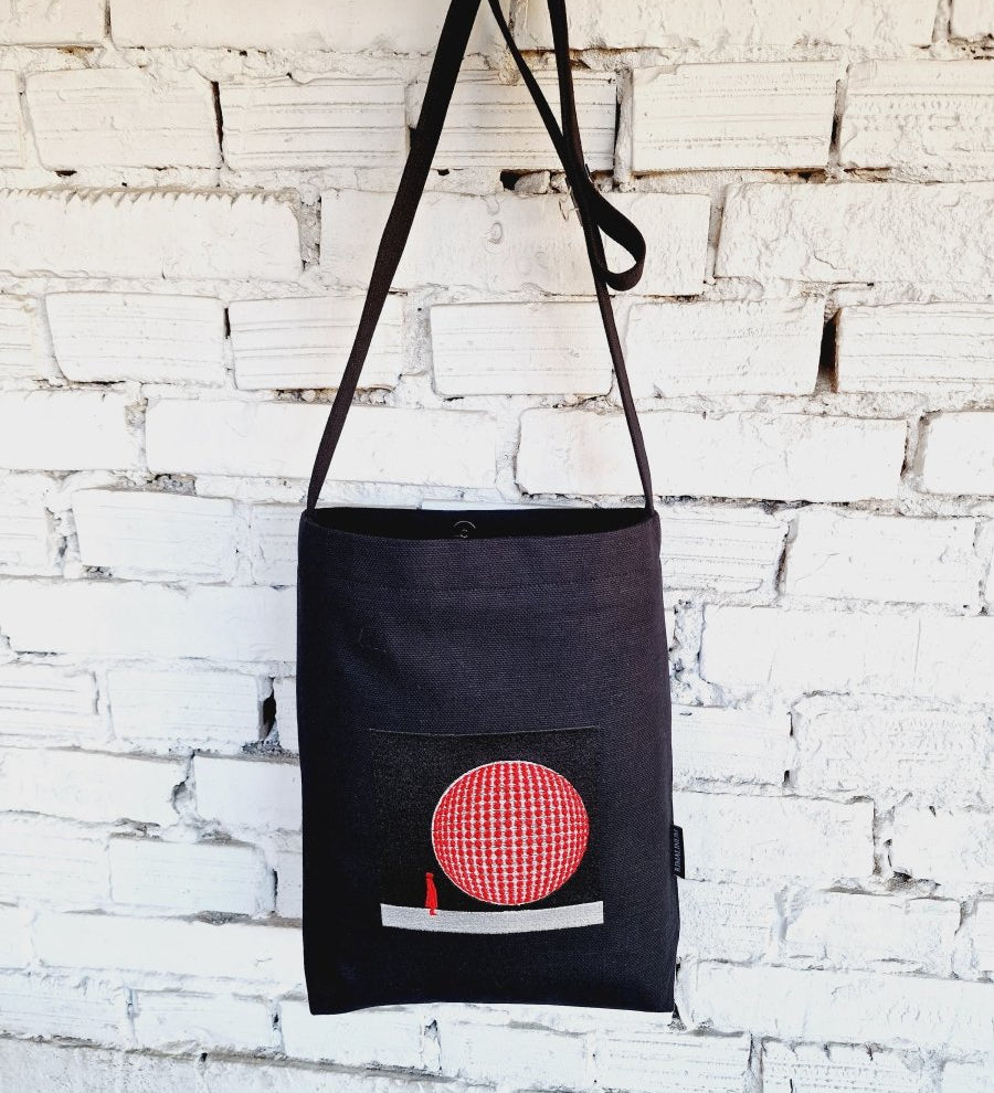 Unisex Black Linen - Cotton Cross Body Bag with 3D Globe Embroidery and Double Lining - RIMALINUM